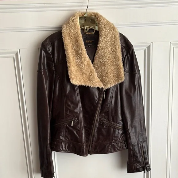 Laundry By Shelli Segal Dark Brown Leather Bomber Jacket - Picture 2 of 9